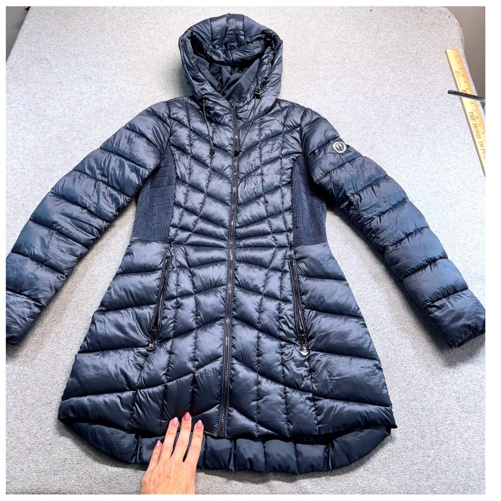 Bernardo EcoPlume Puffer Coat Women XS Gray Hooded Packable Quilted Long Jacket
